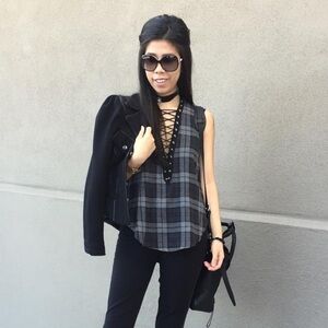 Green and Grey Plaid Lace Up Checkered Top